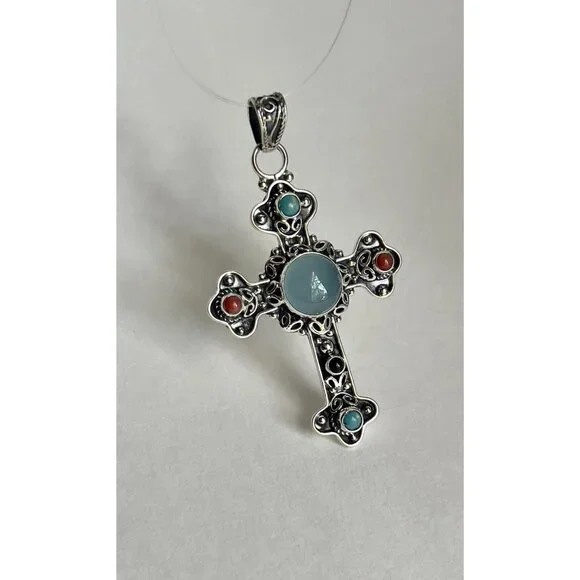 Handcrafted Agate Cut Gemstone Cross 925 Sterling Silver - Picture 10 of 16